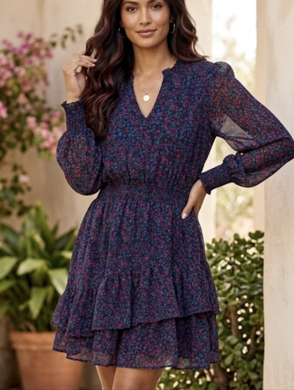 BCBG Floral Smocked Waist Midi Dress in Black with Purple and Pink